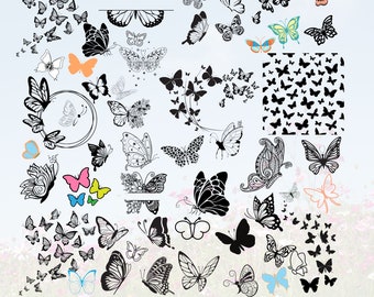 May include: A collection of butterfly designs in various styles and colors, including black, orange, pink, yellow, and blue. The image features both detailed and simple butterfly illustrations, suitable for digital download projects. The text "DIGITAL DOWNLOAD SVG .PNG" is at the bottom.