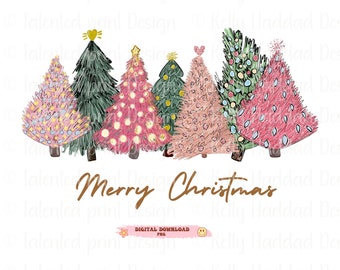 Arbres de Noël PNG, lumières rose neige vert hiver douillet téléchargement numérique Sublimation design dessiné fichier imprimable Graphic Clipart Tshirt