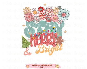 Feliz e Brilhante PNG-Natal Sublimação Design Digital Download-flores retrô png groovy Santa png, groovy Christmas png, boho png
