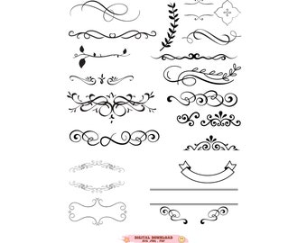 Flourish Svg Clip Art Digital Cut Files, Swoosh SVG, Swish Curly Curls SVG, Wedding Decorative Accents Doodles  banner, design element swirl