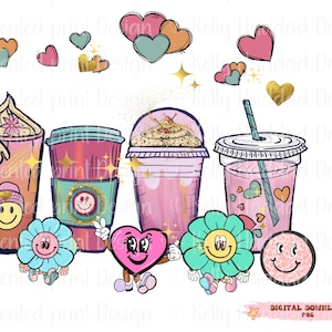 PNG Coffee latte iced coffee sublimation Valentine smile faces png daisy smile hand drawn Valentine’s Day Gifts for coffee lover hearts