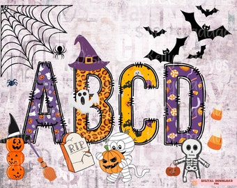 May include: Halloween themed alphabet letters A, B, C, and D with various Halloween patterns. The letters are decorated with bats, candy corn, ghosts, and pumpkins. A witch's hat sits on top of the letter B. A mummy holding a pumpkin is in front of the letter C. A skeleton holding a pumpkin is in front of the letter D.