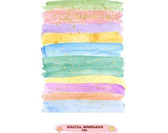 Pastel Watercolor Brush Strokes Clipart with Gold Glitter (PNG Digital Download)