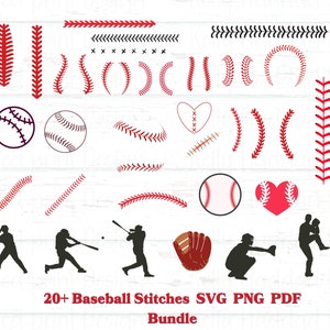 May include: A set of 20+ baseball stitch SVG, PNG, and PDF files. The images include baseballs, hearts, and stitching patterns in red and black.