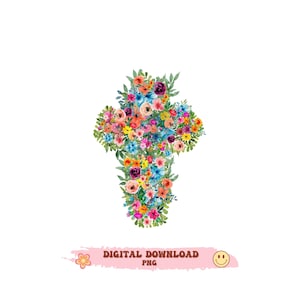 Floral Cross PNG for sublimation, floral cross sublimation file, Christian design, cross with flowers cross clipart,  Religious Cross,