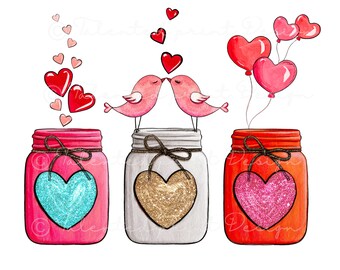 Valentine’s Day mason jars png design, red and pink rustic mason jars, valentines mason jars png sublimation, mason jars with flowers design