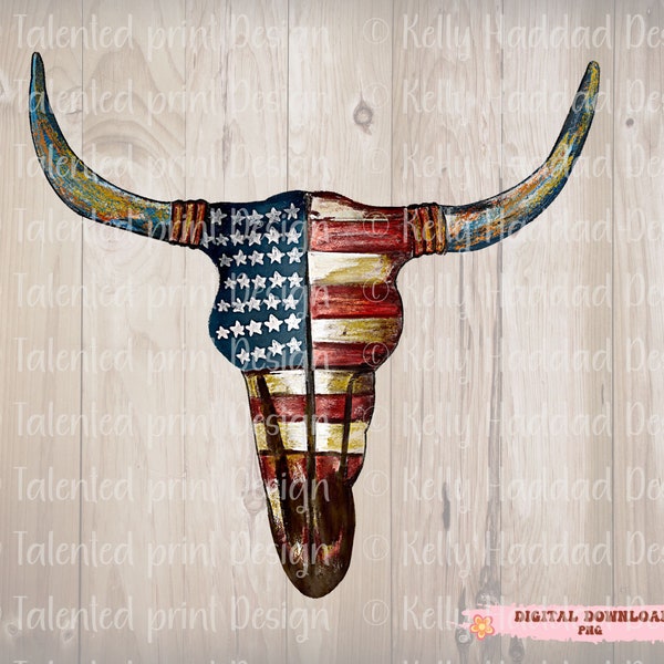 American flag western Bull Skull PNG for sublimation Design Patriotic skull painting WALL ART western Shirt gift for mom dad cow skull Png