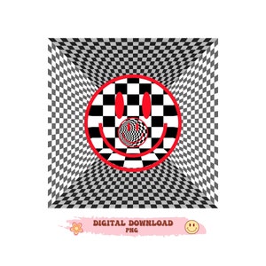 May include: A red smiley face with a checkered pattern inside, set against a black and white checkered background. The smiley face is in a 3D perspective, creating an optical illusion.