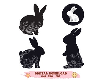SVG Spring Rabbit   - Easter Bunny Flowers - Floral bunny SVG PNG Files - Easter, spring - Spring flowers - Rabbit Easter - Cricut