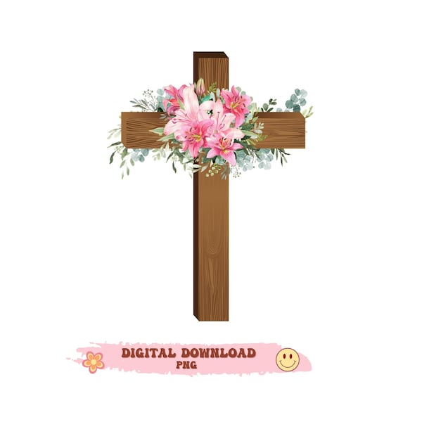 Florale Kreuz PNG Datei, Osterkreuz, Bibel Sublimation, religiöse Kreuz, Sublimation Download, Sofort Download, Osterkreuz, Rosa Blumen.