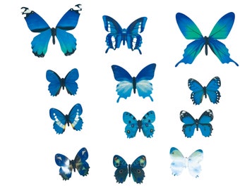 May include: A collection of blue butterfly wall decals. The butterflies are in various sizes and poses, with some having more intricate patterns than others.