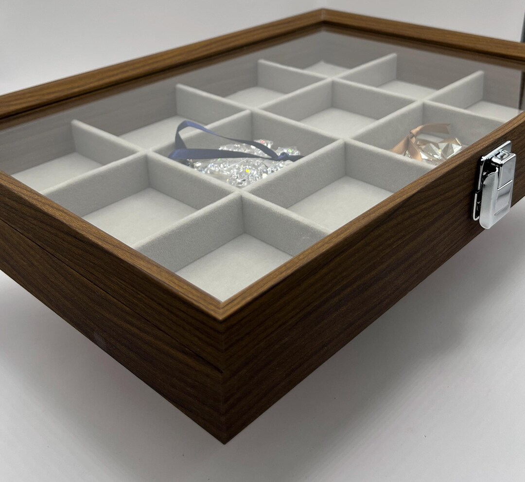 Natural Wood 12 Compartment Display Case With Glass Top for Swarovski ...