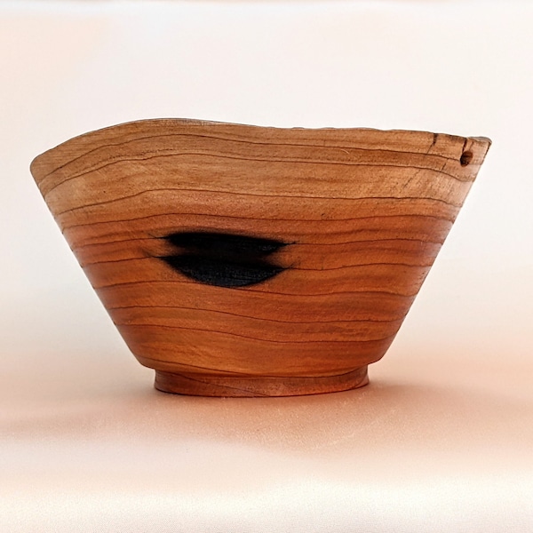 Live Edge Port Orford Cedar Wood Bowl with Worm Tunnels and Charred Cavities | 2 Cup Capacity | Food Safe Finish | Rustic Kitchen Decor