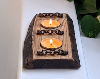 American Elm Wood Candle Holder with Chain Link Accents | Tealights Included | Primitive Decor | Country Kitchen | Medieval | Reclaimed Wood