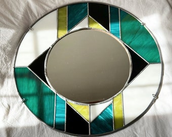 Stained Glass Mirror, Bauhaus Style, Handmade geometric design, Green & Black
