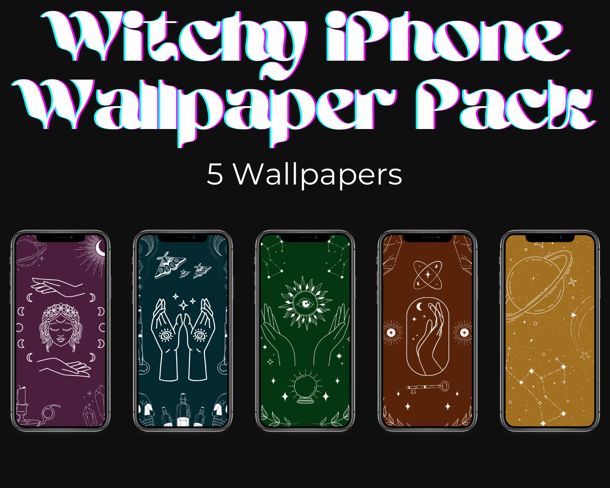 Colorful Witchy iPhone Wallpaper Bundle, Instant Digital Download