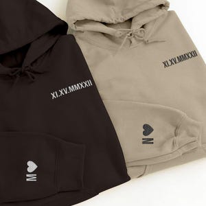Custom Embroidered Roman Numeral Hoodie - Couples Gift - Personalized Gift Date Hoodie Initial on Sleeve - Engagements, 1st Anniversary gift