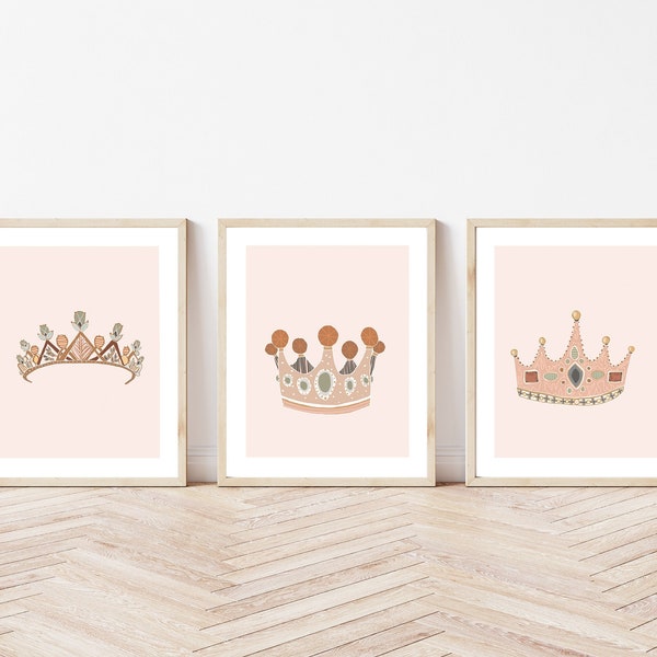 crown print series for girl princess nursery | royal fairytale | set of 3 | digital printable download, minimalist neutral art |