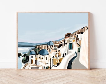 Santorini Print – Blue Dome Greece Landscape, Mediterranean Coastal Art (Digital Download)