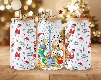 Donald Duck and Nephews Christmas Libbey Glass Tumbler, Disney Holiday Drinkware, 16oz Glass Cup, Christmas Tumbler, Vaso de Navidad