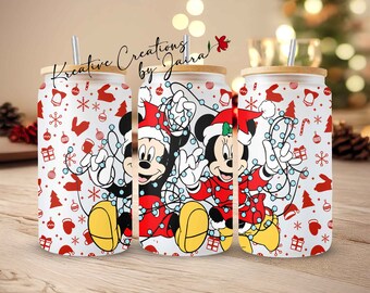 Minnie and Mickey Mouse Christmas Libbey Glass Tumbler, Disney Drinkware, 16oz Glass Cup, Holiday Present, Navidad, Christmas Tumbler