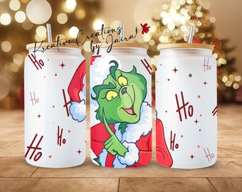 The Grinch as Santa Christmas Libbey Glass Tumbler, Holiday Drinkware, 16oz Glass Cup, Holiday Season Gift, Christmas Tumbler, Navidad