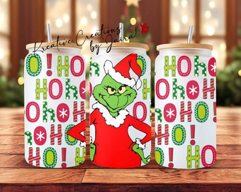 Santa Grinch Inspired Libbey Glass Tumbler, Holiday Drinkware, 16oz Glass Cup, Holiday Season Gift, Grinch Tumbler, Vaso de Navidad