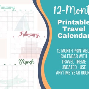 Printable Travel Calendar, Undated Calendar, Travel Themed, Classic Planner Size