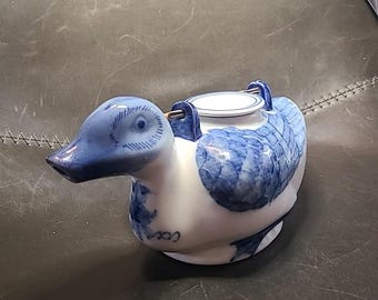 Duck tea pot with handle hand painted blue