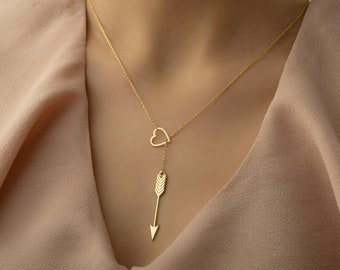 Heart & Arrow Necklace, Lariat Arrow Necklace with Heart, Gift for Her, Gift for Bride, Lariat Necklaces for Women, Wife Gift, Anniversary