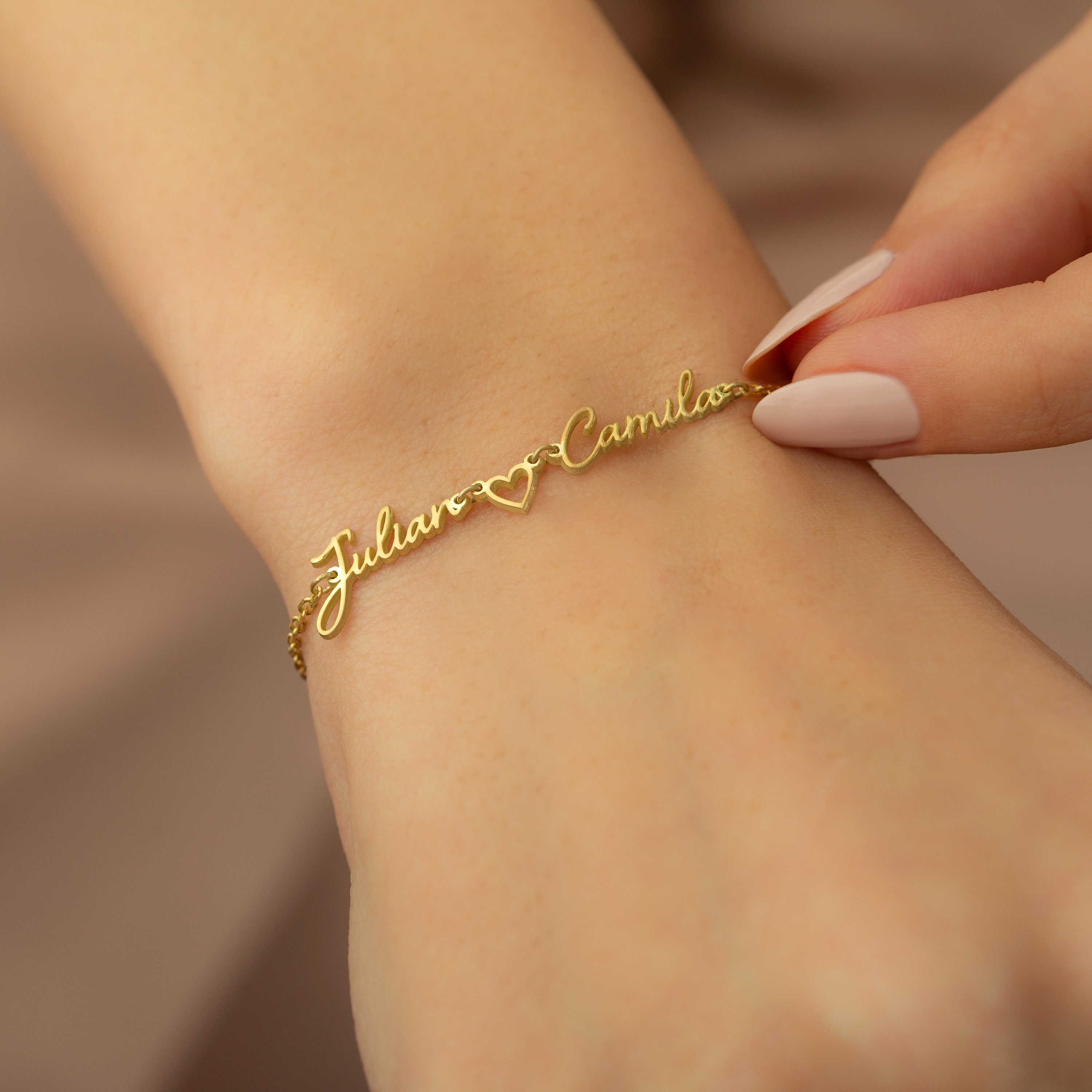 Two Name Bracelet With Heart In Silver, Gold And Rose Gold