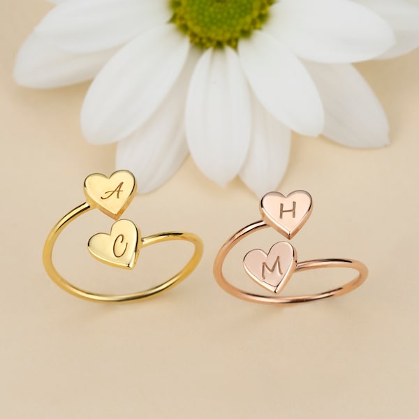 Adjustable Heart Ring - Dainty Initial Ring - Gold Double Heart - Tiny Stackable Ring - Silver Birthday Gift - Gift for Mom - Mothers Day