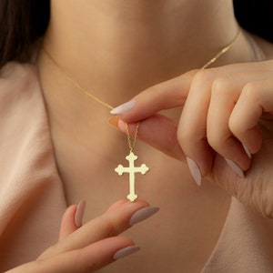 Gold Budded Orthodox Cross Necklace, Crucifix Necklace, Dainty Cross Pendant, Minimalist Religious Necklace, Dainty Cross Necklace, Faith