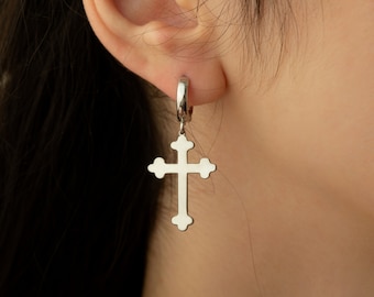 Silver Budded Orthodox Cross Earrings - Tiny Hoop Dangle