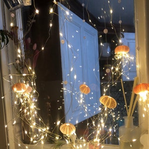 Dopamine decoration, four urchin shells, string lights, bedroom accent, hanging on silver thread with rose quarts crystal beads image 4