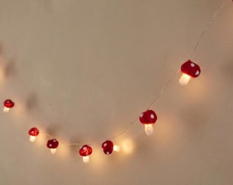 Felted toadstool garland with fairy lights, decorative bunting, woodland and whimsy  5.10m/ 16.73ft