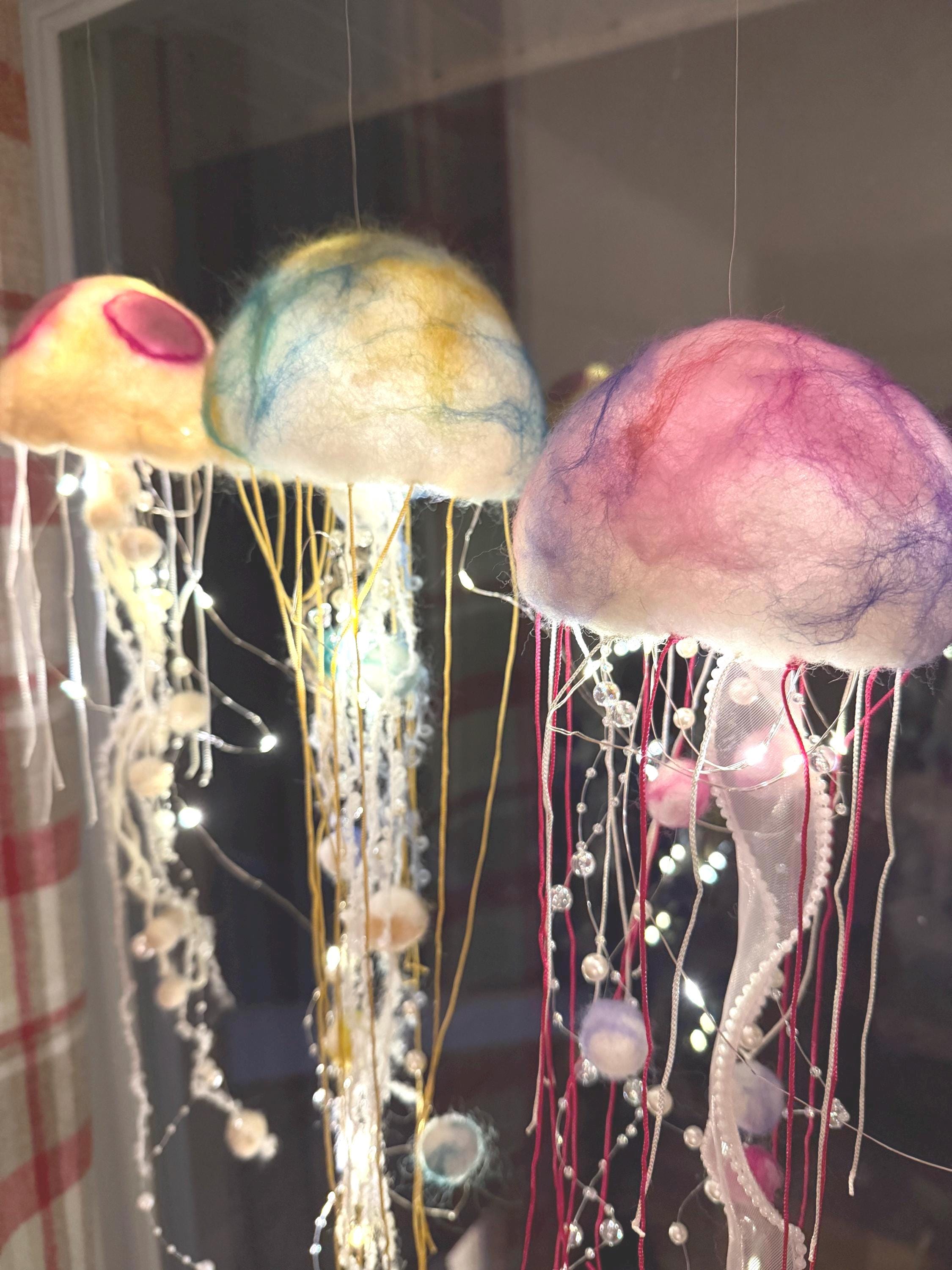 Trio of felted Jellyfish Lamps with soft glowing LED fairy Lights.