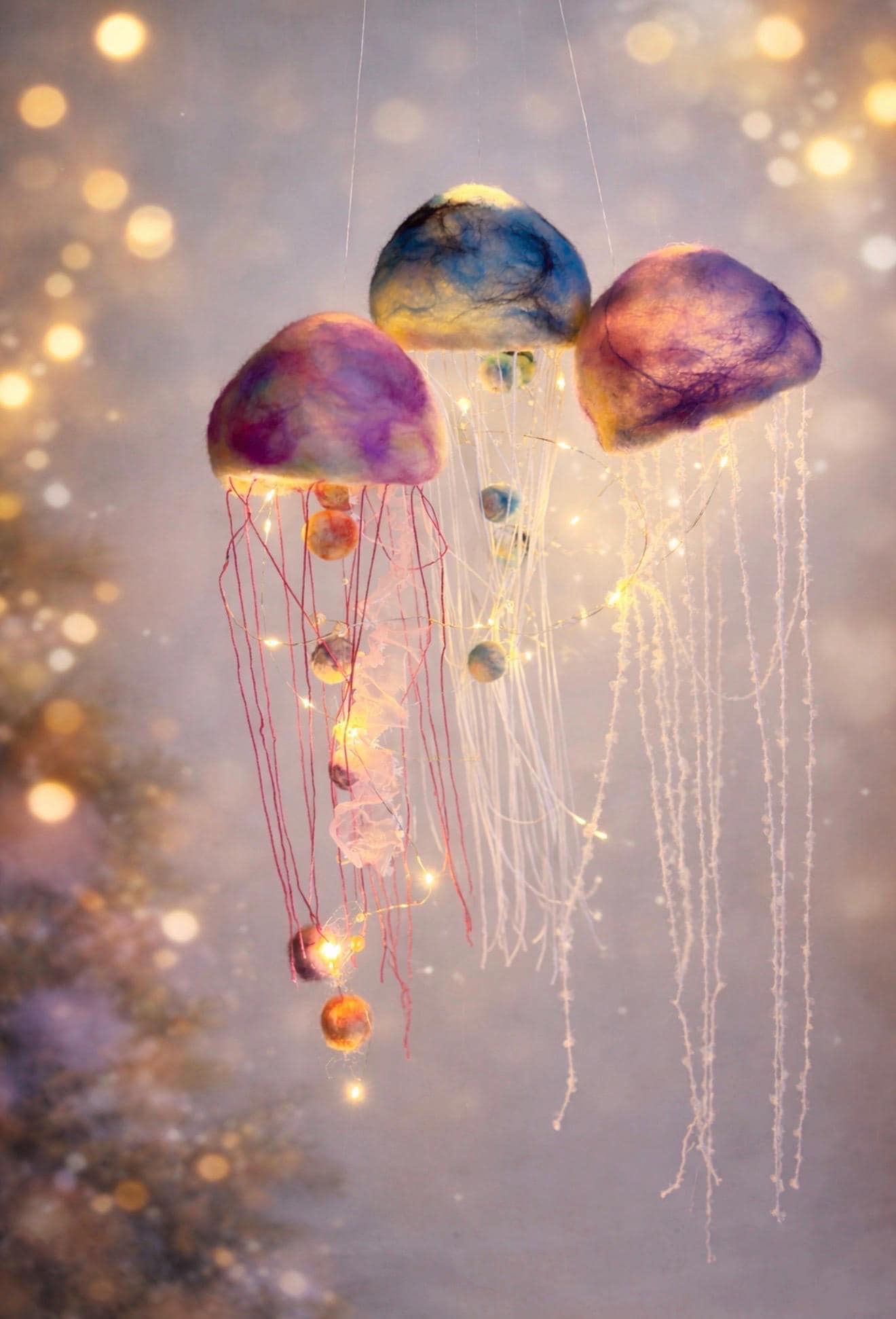 Handmade Needle Felted Jellyfish Lamps, Alpaca Wool, LED Fairy Lights (9cm Diameter)