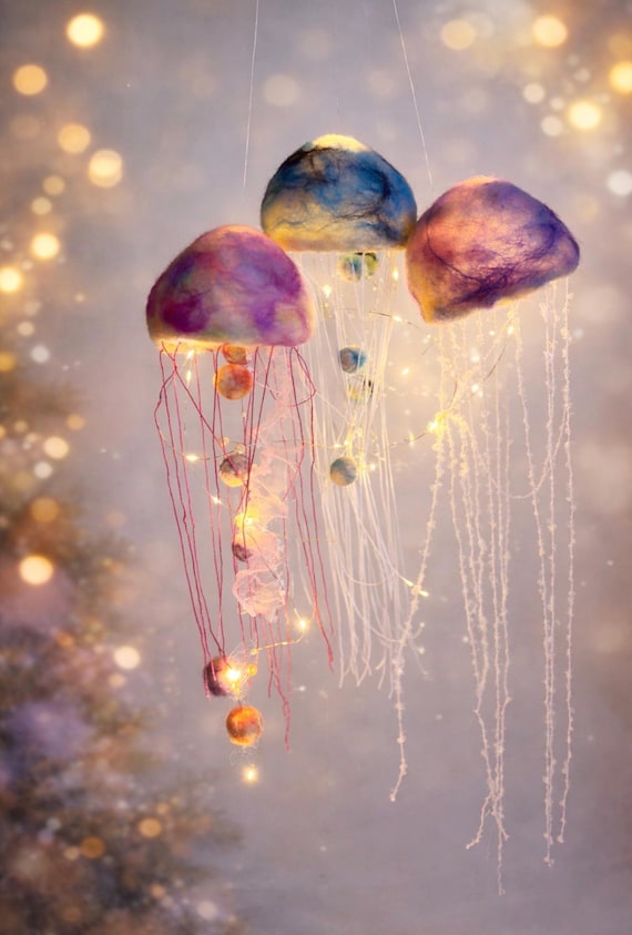 Trio of felted Jellyfish Lamps with soft glowing LED fairy Lights.