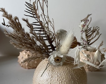 A set of three vases with dried flower bouquets, sea urchin design, real dried flowers, romanticise your life