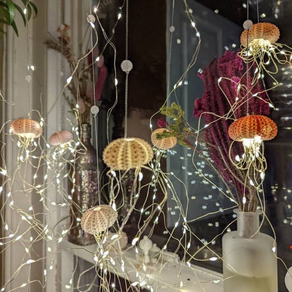 Dopamine decoration, four urchin shells, string lights, bedroom accent, hanging on silver thread with rose quarts crystal beads