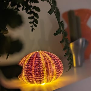 May include: A lit sea urchin shell, radiating a warm yellow glow. The shell's surface is textured, with red and yellow tones. The background features green foliage and an orange vase, creating a soft, ambient setting.
