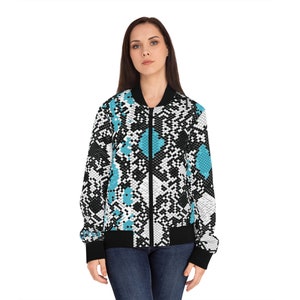 May include: A black, white, and blue bomber jacket with a snakeskin pattern.