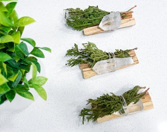 Palo Santo Crystal Bundle | Clear Quartz Wand | Cedar Branch | Incense | Herbal Bundle | Crystal Gift