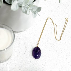 Deep Purple Amethyst Cabochon Pendant & 18K Gold Plated Sterling Silver 18&quot; Curb Chain  | Genuine Crystal Necklace