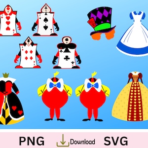 Alice in Wonderland-bundel, Wonderland Party, Card Soldiers SVG, Mad Hatter, Alice, Queen of Hearts en Tweedle's. Cupcaketoppers