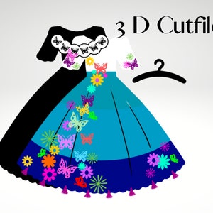 May include: A 3D cutfile design of a dress with a black bodice, white sleeves, and a blue and navy skirt. The skirt is decorated with colorful butterflies and flowers.