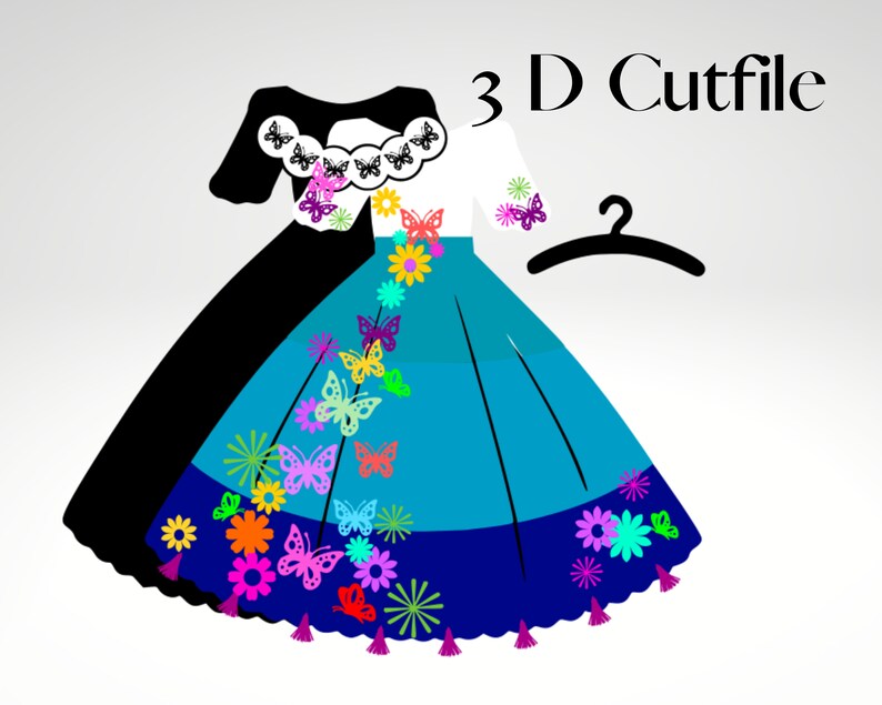 May include: A 3D cutfile design of a dress with a black bodice, white sleeves, and a blue and navy skirt. The skirt is decorated with colorful butterflies and flowers.
