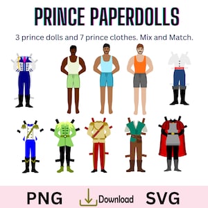 Muñecas de papel Príncipe, SVG Príncipe, Muñecas de papel PNG, Vestido de princesa y vestido de príncipe.