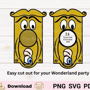 May include: Two golden door knocker cutouts with cartoon faces, perfect for a Wonderland party. One cutout has a circle with the text "2.6" and instructions. The text "Easy cut out for your Wonderland party" is below.